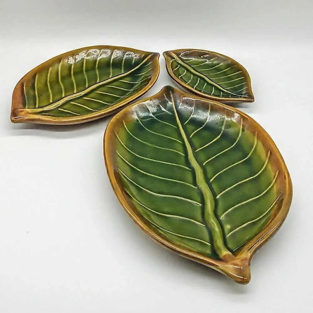 Set of 3 Pier 1 Green Leaf Ceramic Nesting Trays